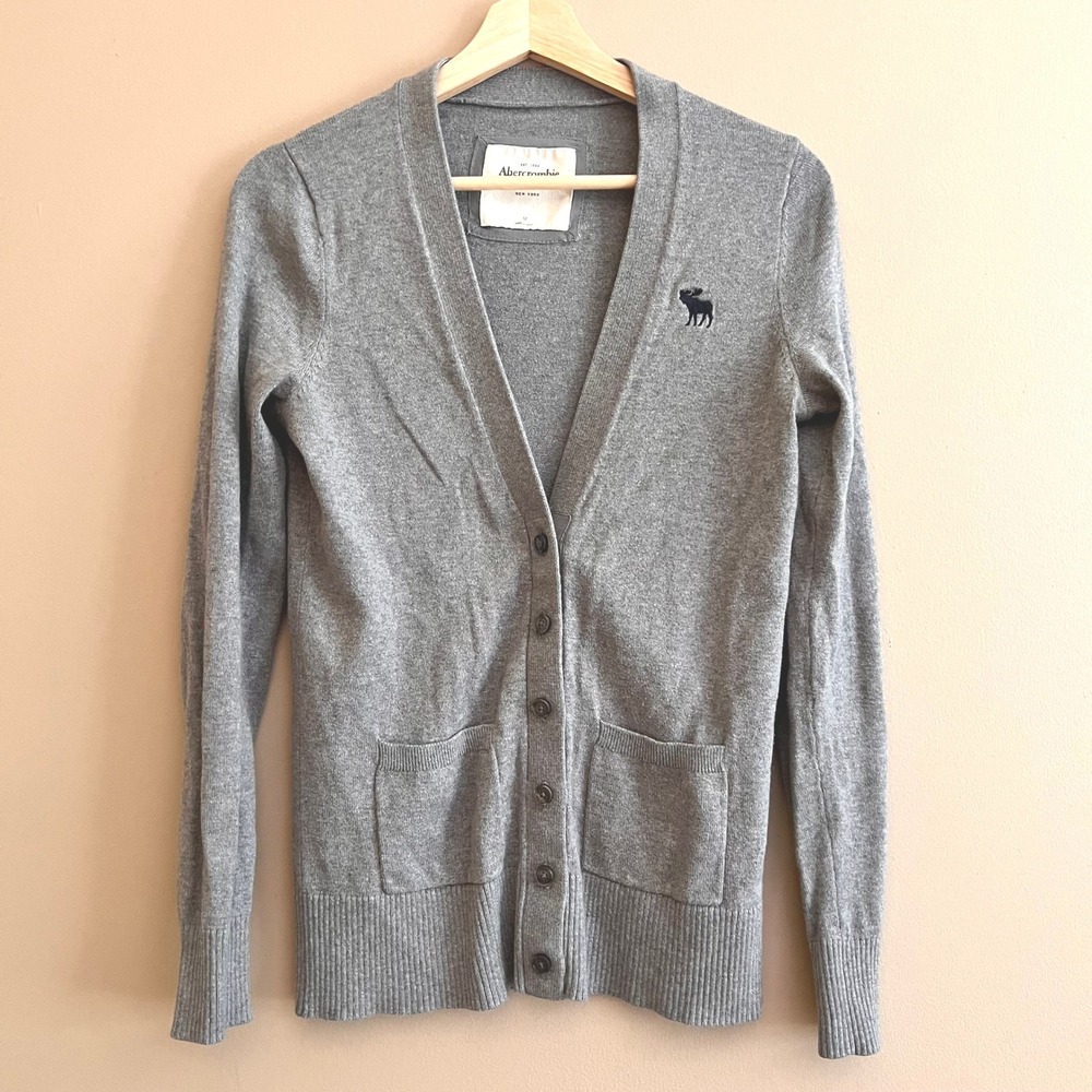 Abercrombie & Fitch Womens Gray Cashmere Blend Moose Logo Cardigan Sweater M